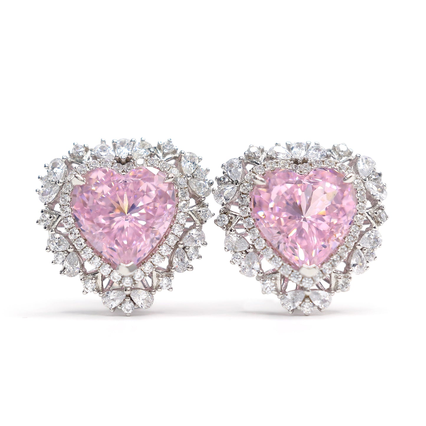 Micro-setting Pink diamond color Lab created stones fancy fully studded heart earrings, sterling silver