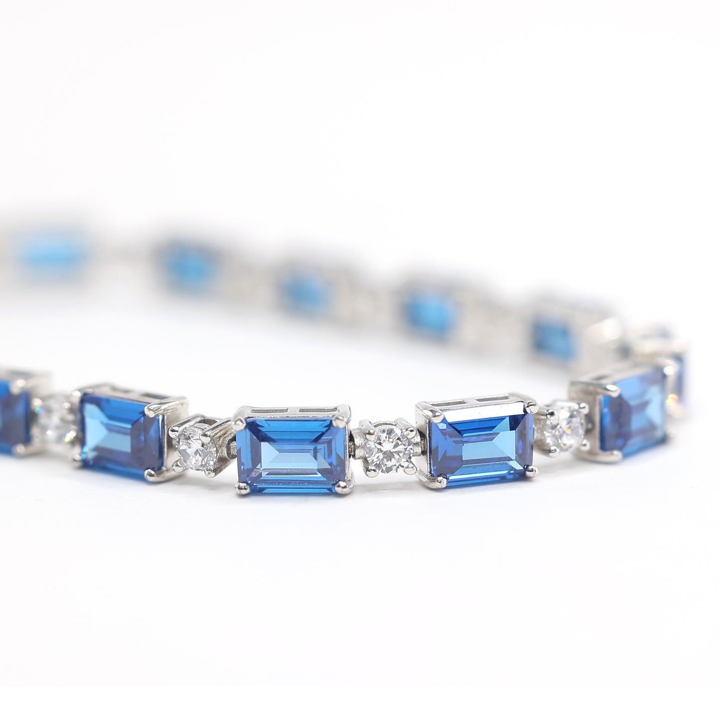 Only 1 Micro-setting Sapphire color emerald cut Lab created stones fully studded bracelet,sterling silver