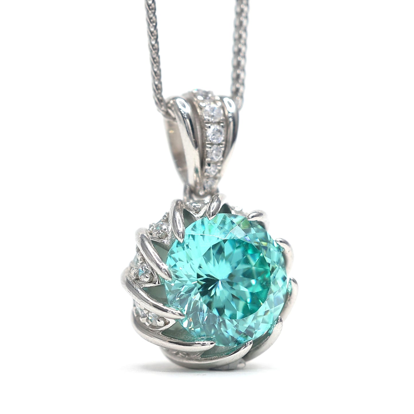 Micro-setting Paraiba color Lab created stones luxurious inlaid Lotus necklace，sterling silver