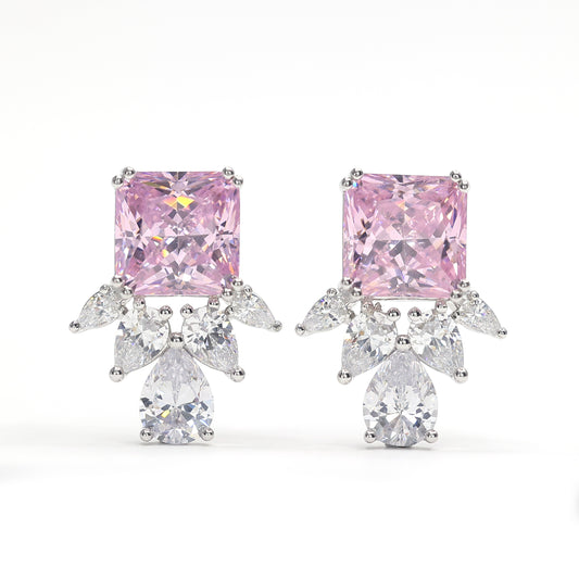 Boucles d'oreilles couronne de pierres créées par le laboratoire couleur diamant rose micro-serti, argent sterling