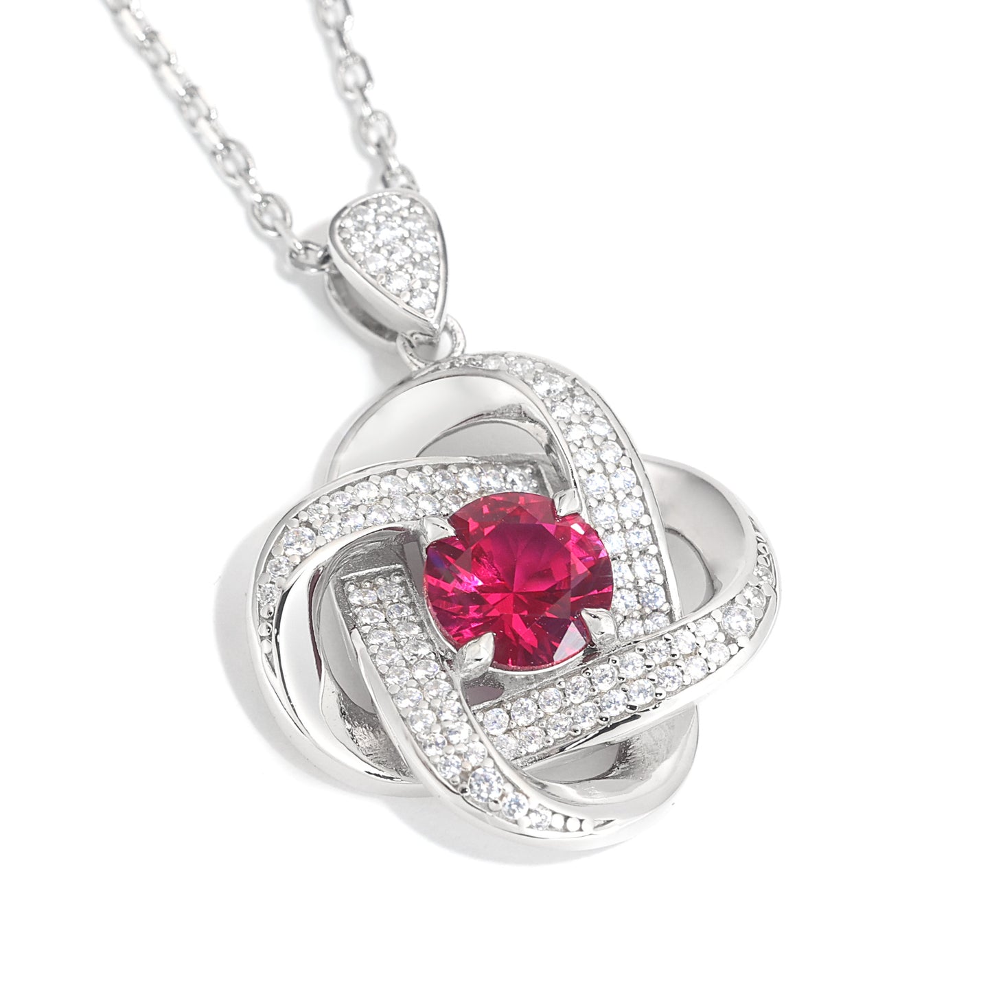 Promotional design Micro-setting Ruby color lab created stones Lucky four leaf clover necklace, sterling silver