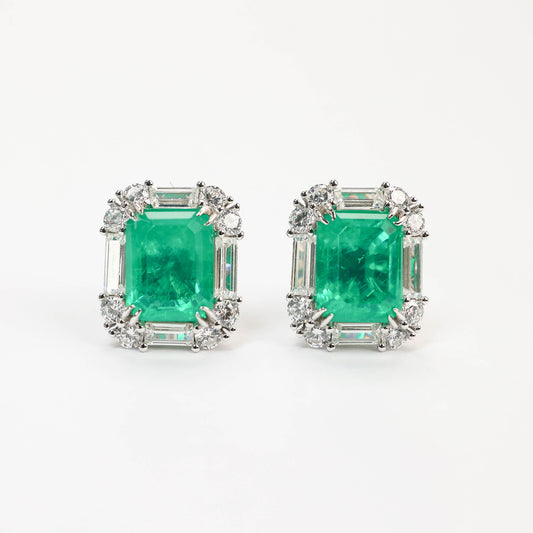 Micro-setting emerald color Lab created stones Classic earrings, sterling silver