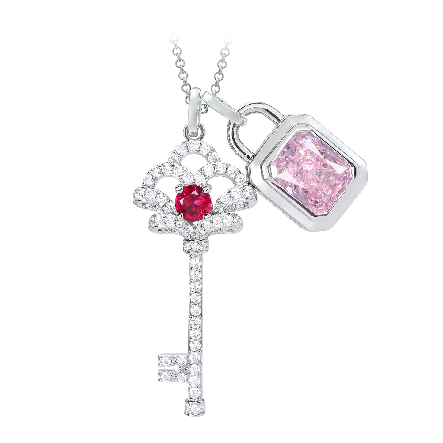 Promotion design Micro-setting pink diamond and ruby color mixed cutting Lab created stones 2 in 1 multi-purpose key and lock necklace, sterling silver