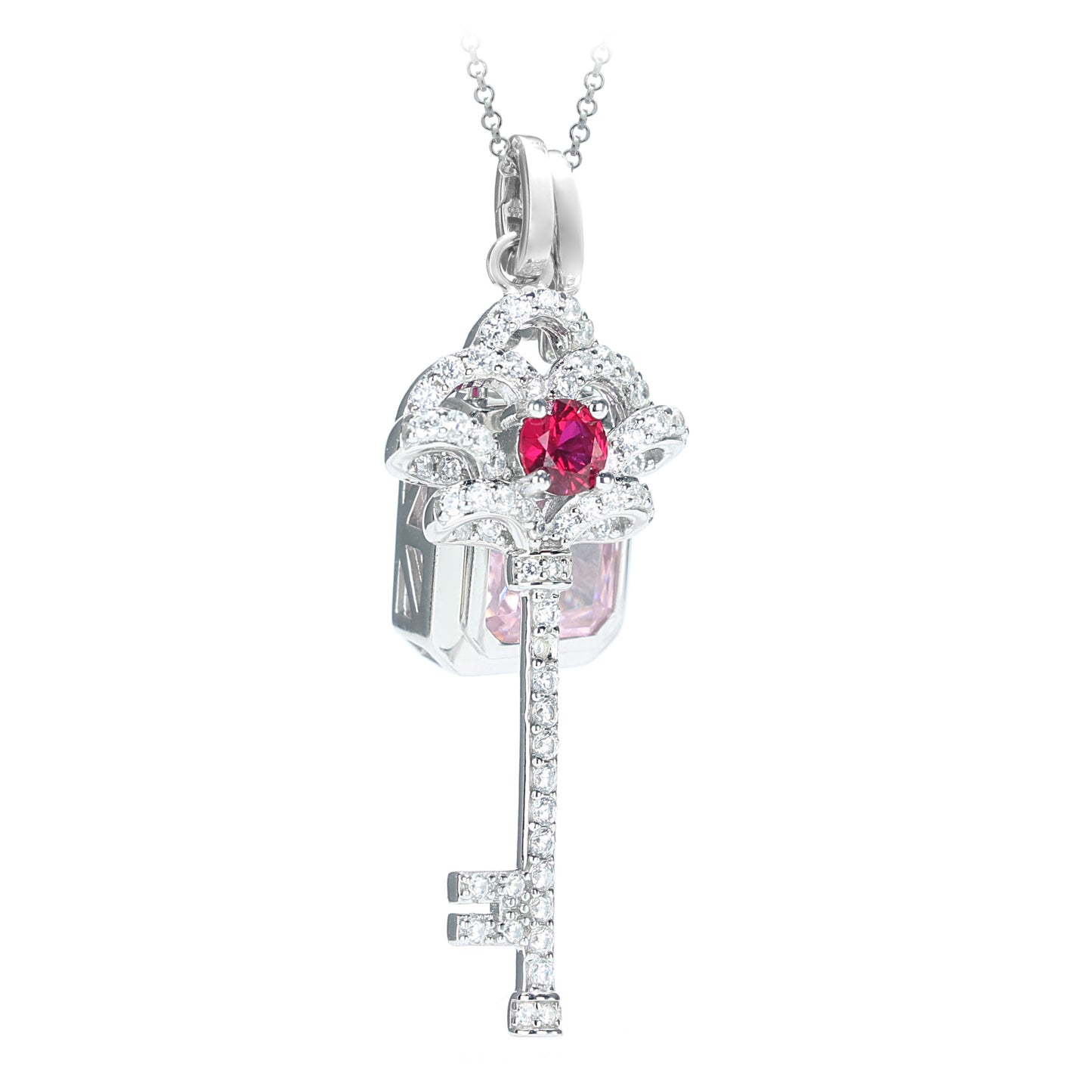 Conception promotionnelle Micro-serti diamant rose et couleur rubis coupe mixte Pierres créées par le laboratoire 2 en 1 clé polyvalente et collier de serrure, argent sterling