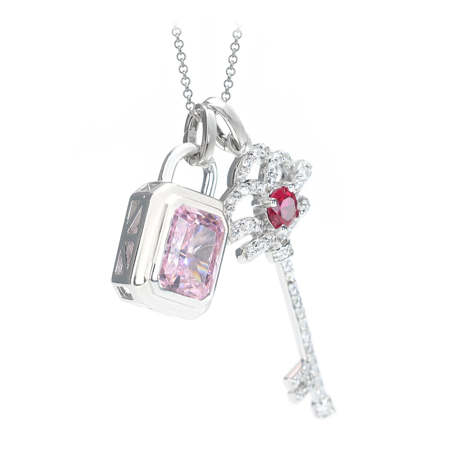 Promotion design Micro-setting pink diamond and ruby color mixed cutting Lab created stones 2 in 1 multi-purpose key and lock necklace, sterling silver