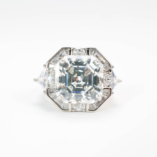 Special offer Micro-setting Asscher cut Lab created stones 2 trillion shape on the 2 sides Gatsby ring, sterling silver