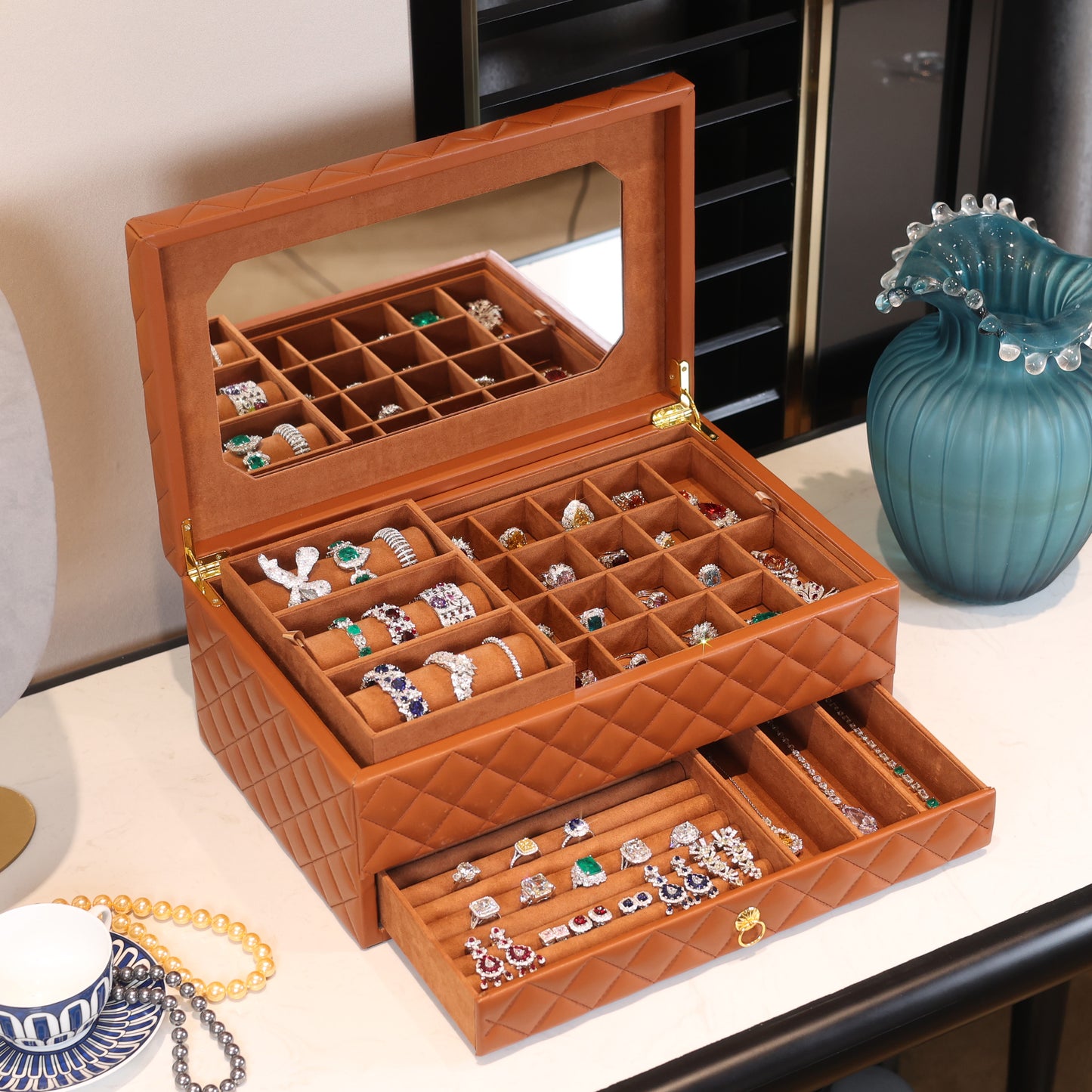 Big Brown Jewelry box 4 layers with mirror