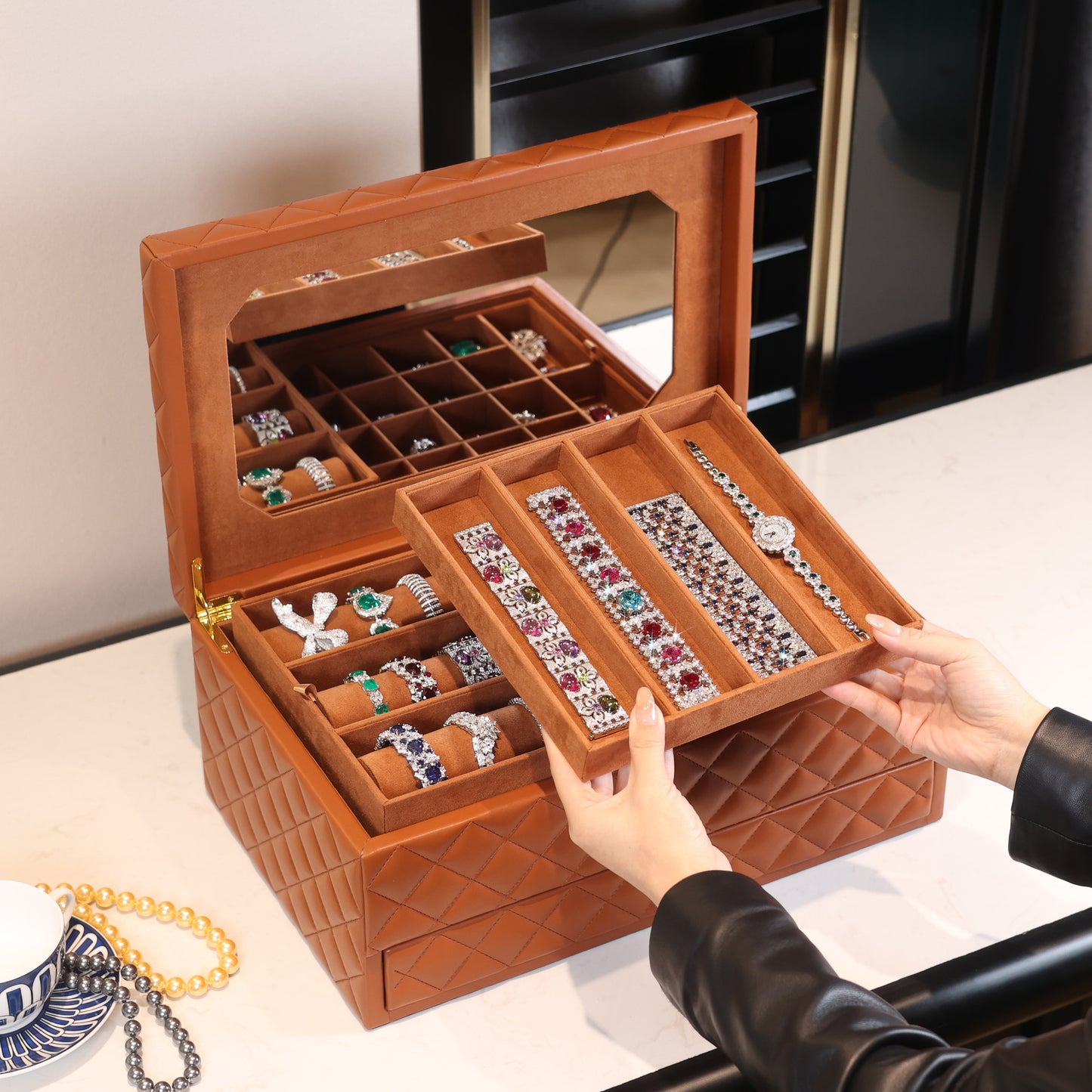 Big Brown Jewelry box 4 layers with mirror