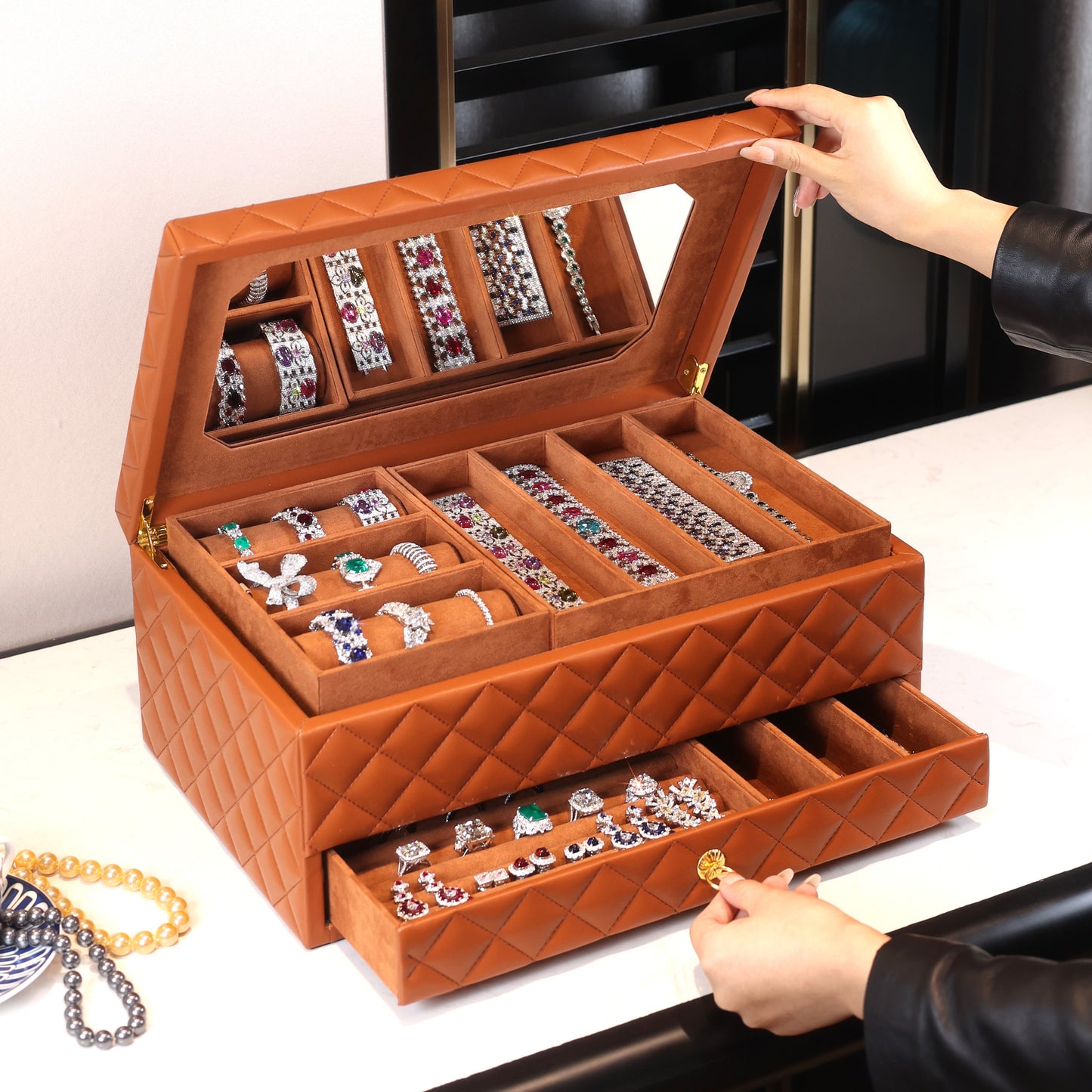 Big Brown Jewelry box 4 layers with mirror