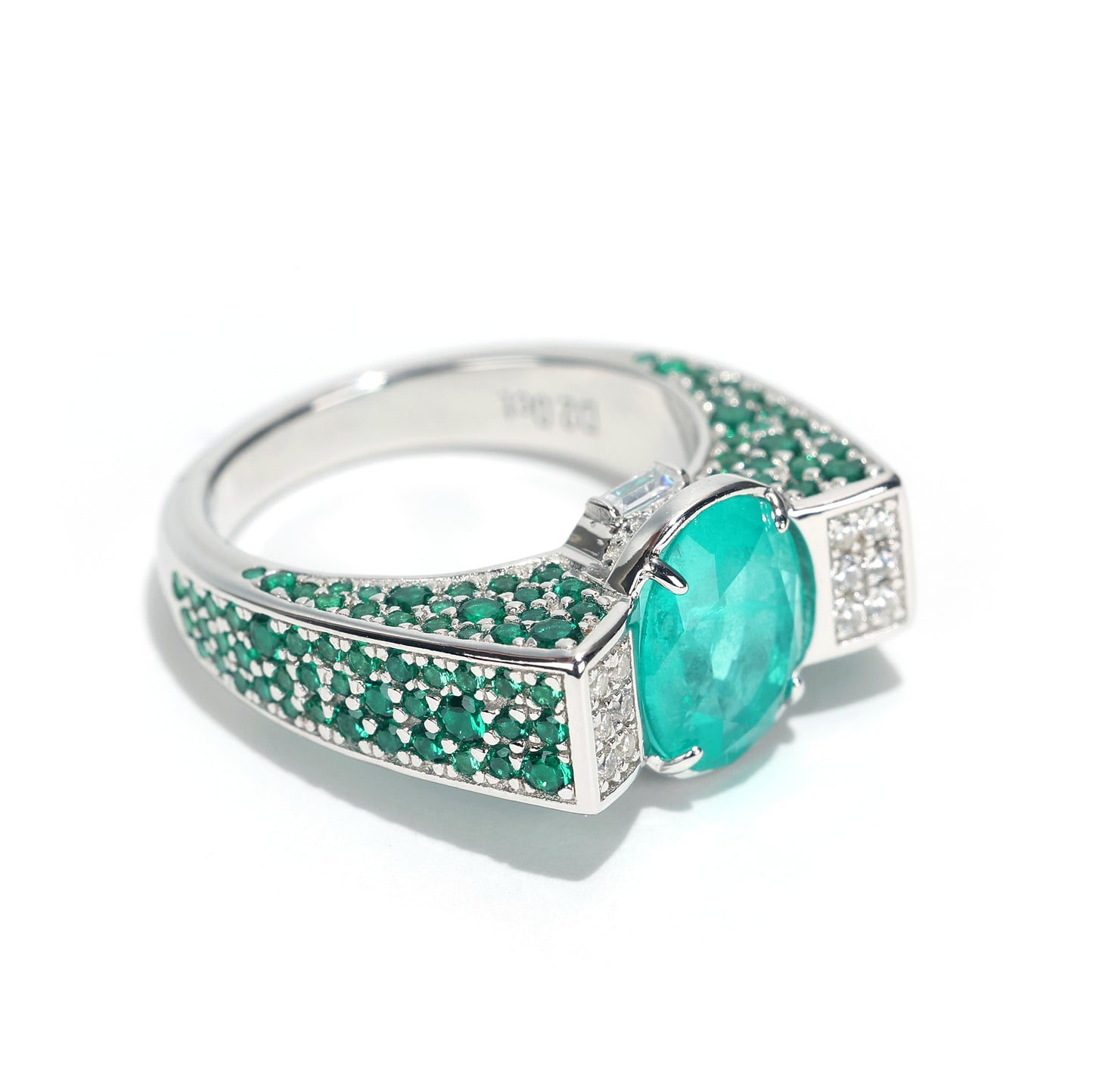 Limited edition  Micro-setting Paraiba color Lab created stones Unique detailed ring, sterling silver