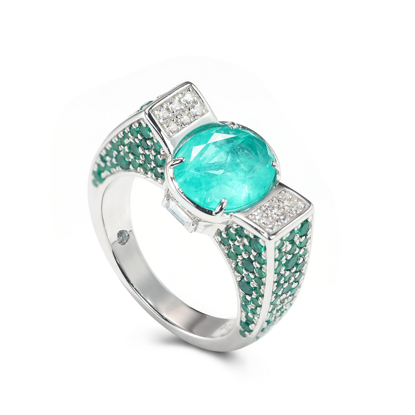 Limited edition  Micro-setting Paraiba color Lab created stones Unique detailed ring, sterling silver