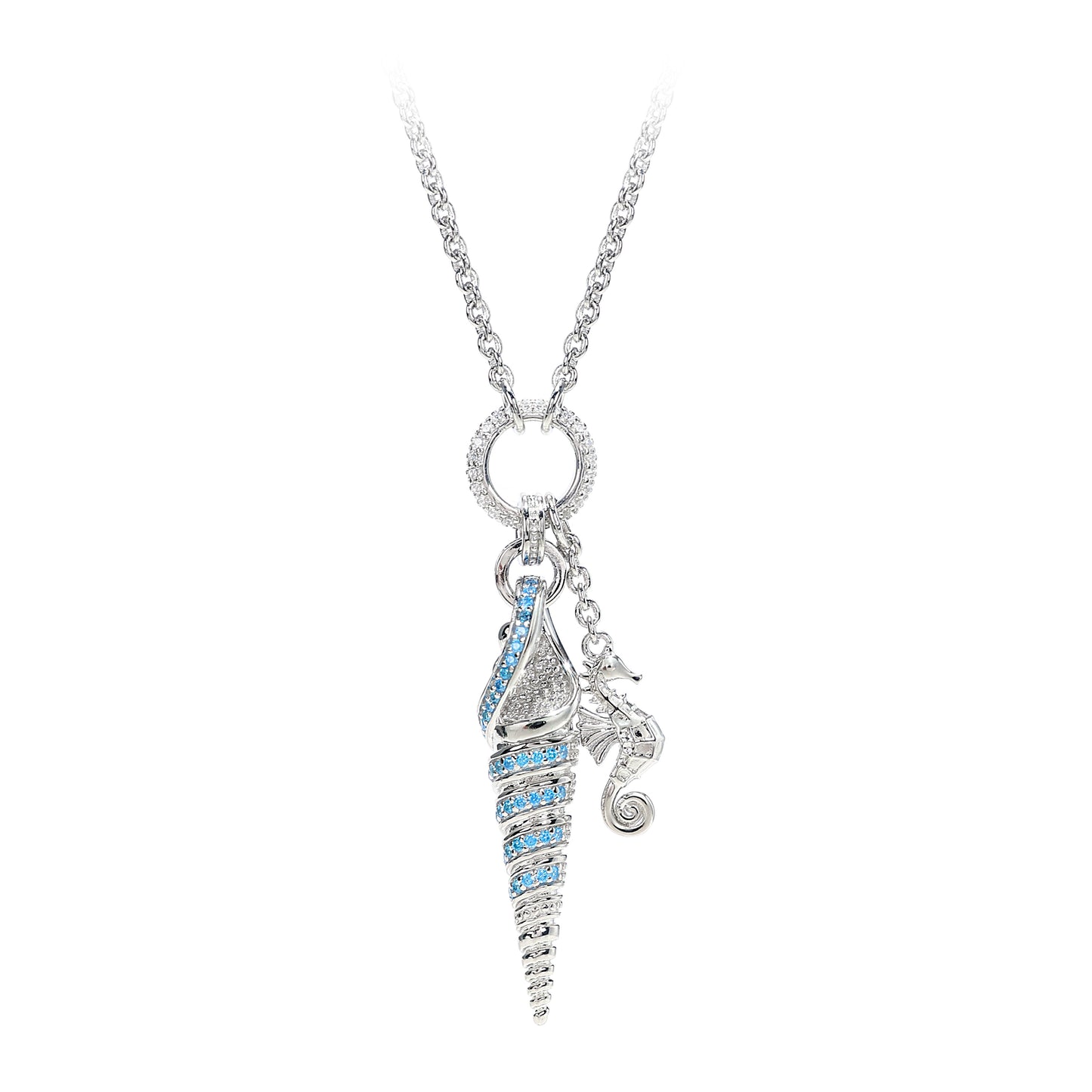 Micro-setting Lab created stones designer piece The Sea snail and Seahorse necklace, sterling silver