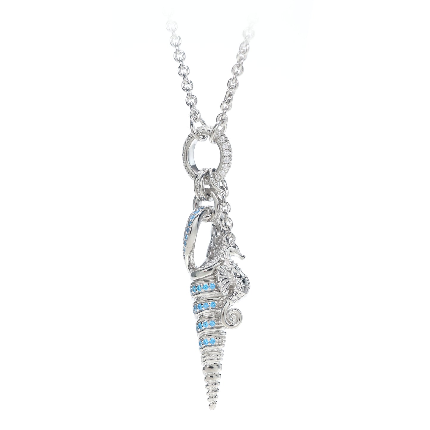 Micro-setting Lab created stones designer piece The Sea snail and Seahorse necklace, sterling silver