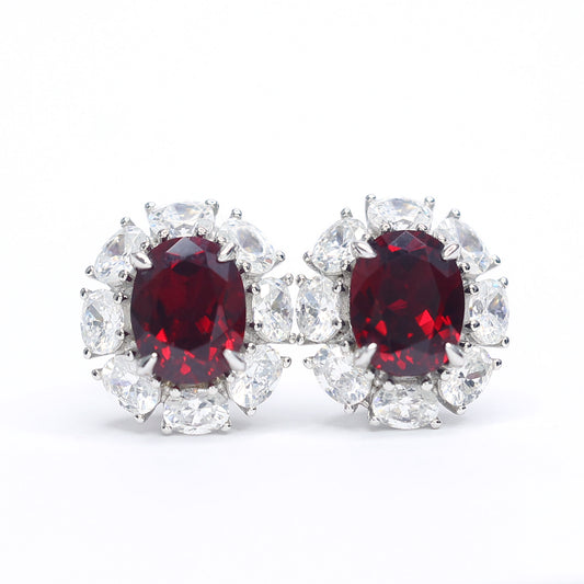 Promotional design Micro-setting Ruby color lab created stones oval shape diana earrings, sterling silver