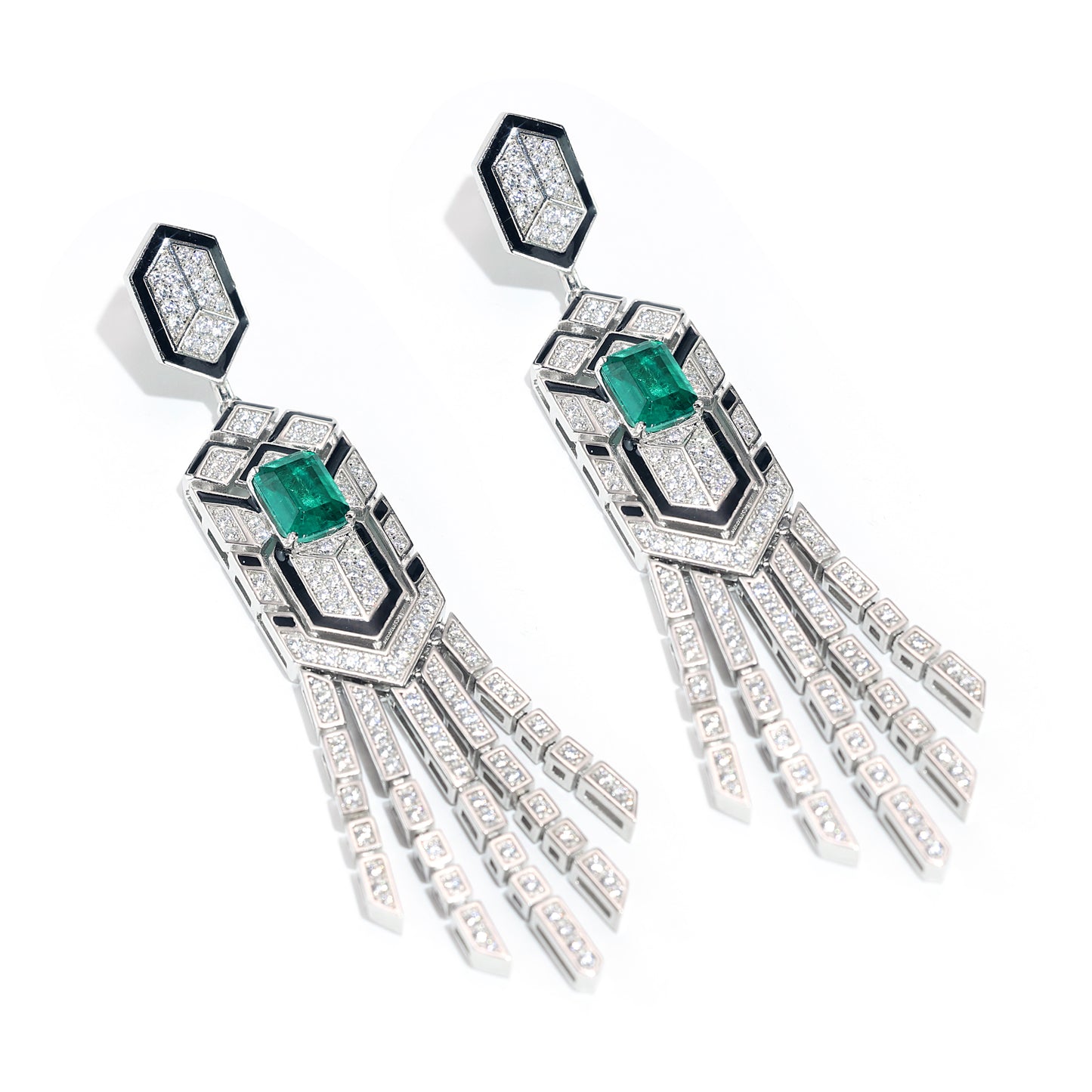 Micro-setting emerald color Lab created stones cloisonne enamel Forest fantasy earrings, sterling silver