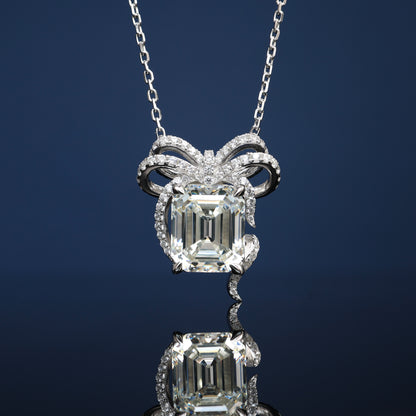 Micro-setting Emerald-cut Lab created stones fancy bow necklace, sterling silver