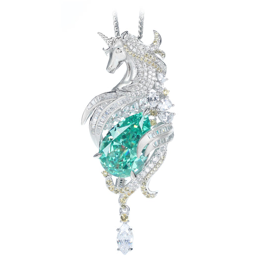 Micro-setting Paraiba color Lab created stones Unicorn pendant，sterling silver