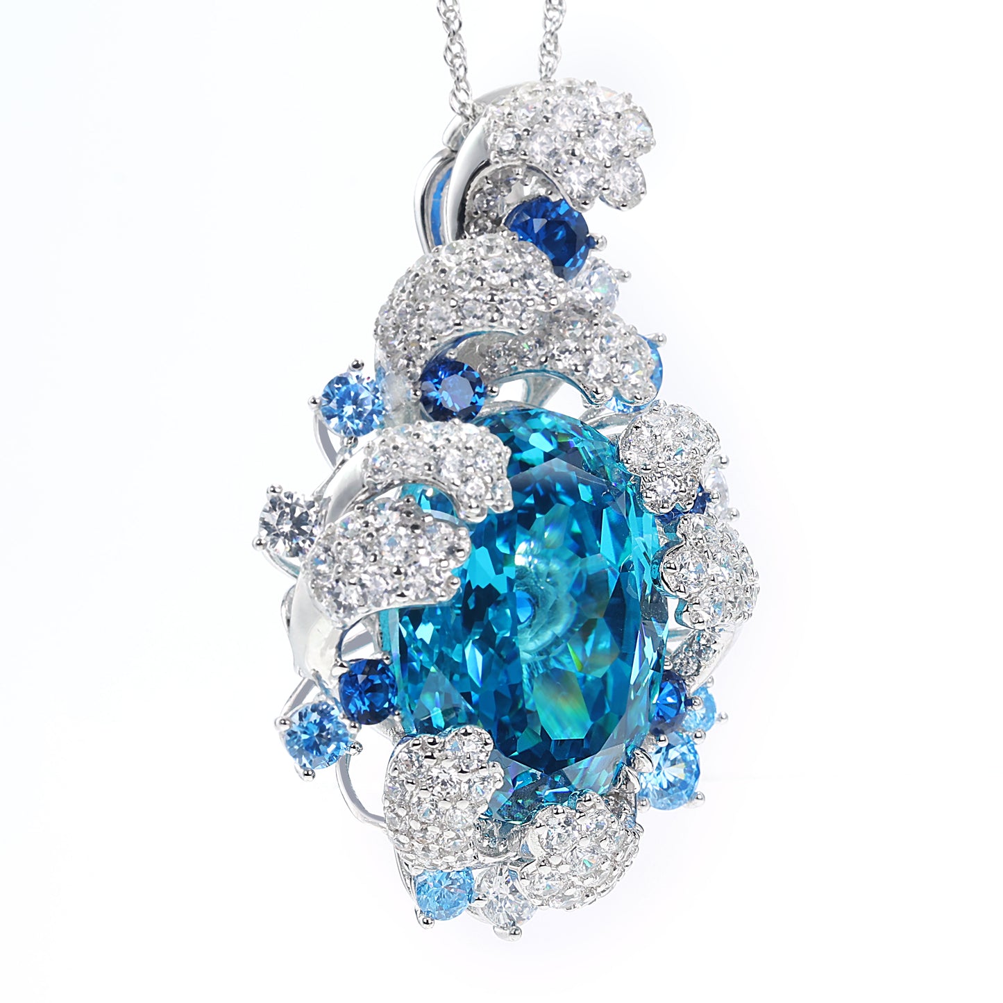 Only 1 Micro-setting Deep Aquamarine color Lab created stones Waves in the Maldives pendant，sterling silver