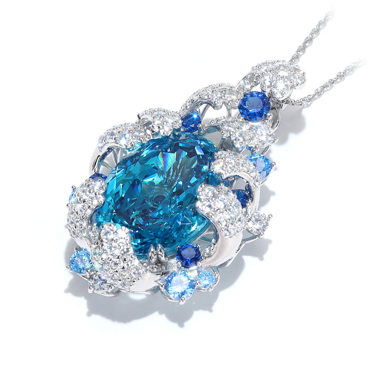 Only 1 Micro-setting Deep Aquamarine color Lab created stones Waves in the Maldives pendant，sterling silver