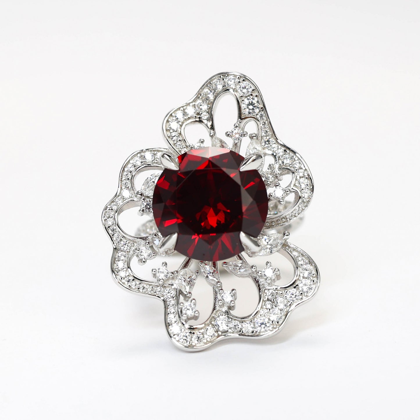 Special offer Micro-setting Ruby color Lab created stones artistic 4 prong flower ring, sterling silver