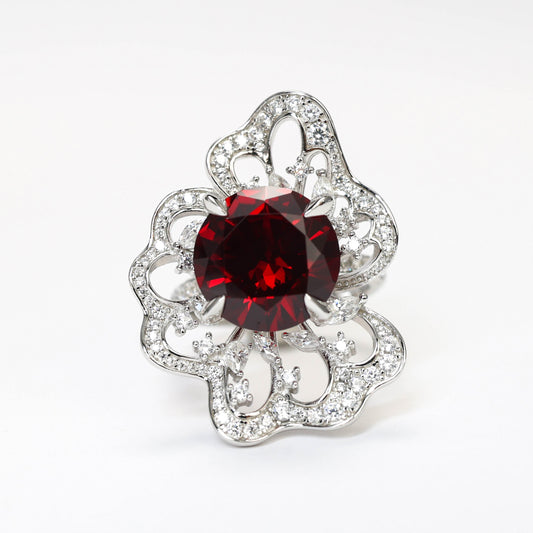 Micro-set Ruby color Lab a créé des pierres artistiques bague fleur à 4 griffes, argent sterling