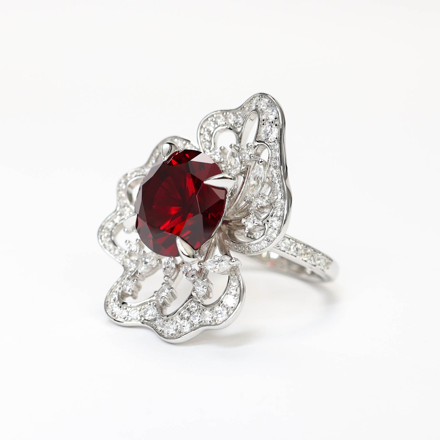 Special offer Micro-setting Ruby color Lab created stones artistic 4 prong flower ring, sterling silver