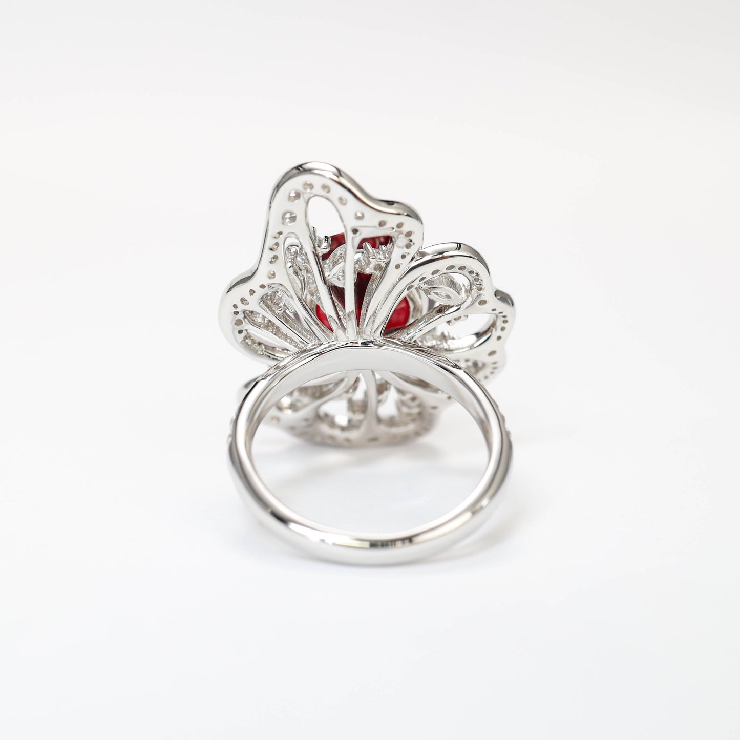 Special offer Micro-setting Ruby color Lab created stones artistic 4 prong flower ring, sterling silver