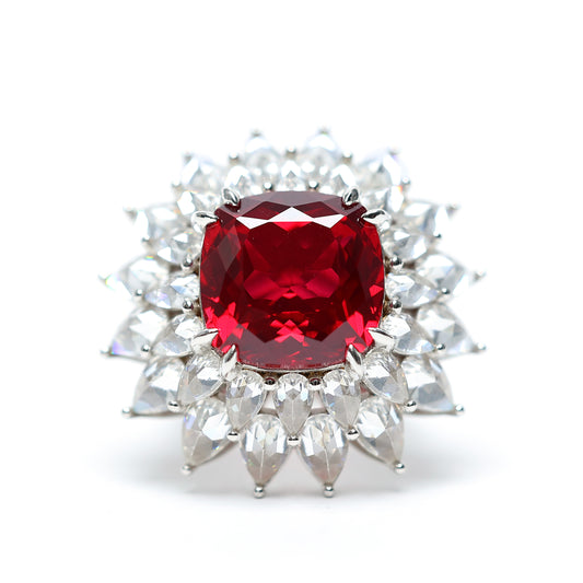 Micro-setting Ruby color Lab created stones Fancy sunflower ring, sterling silver. (14 carat)