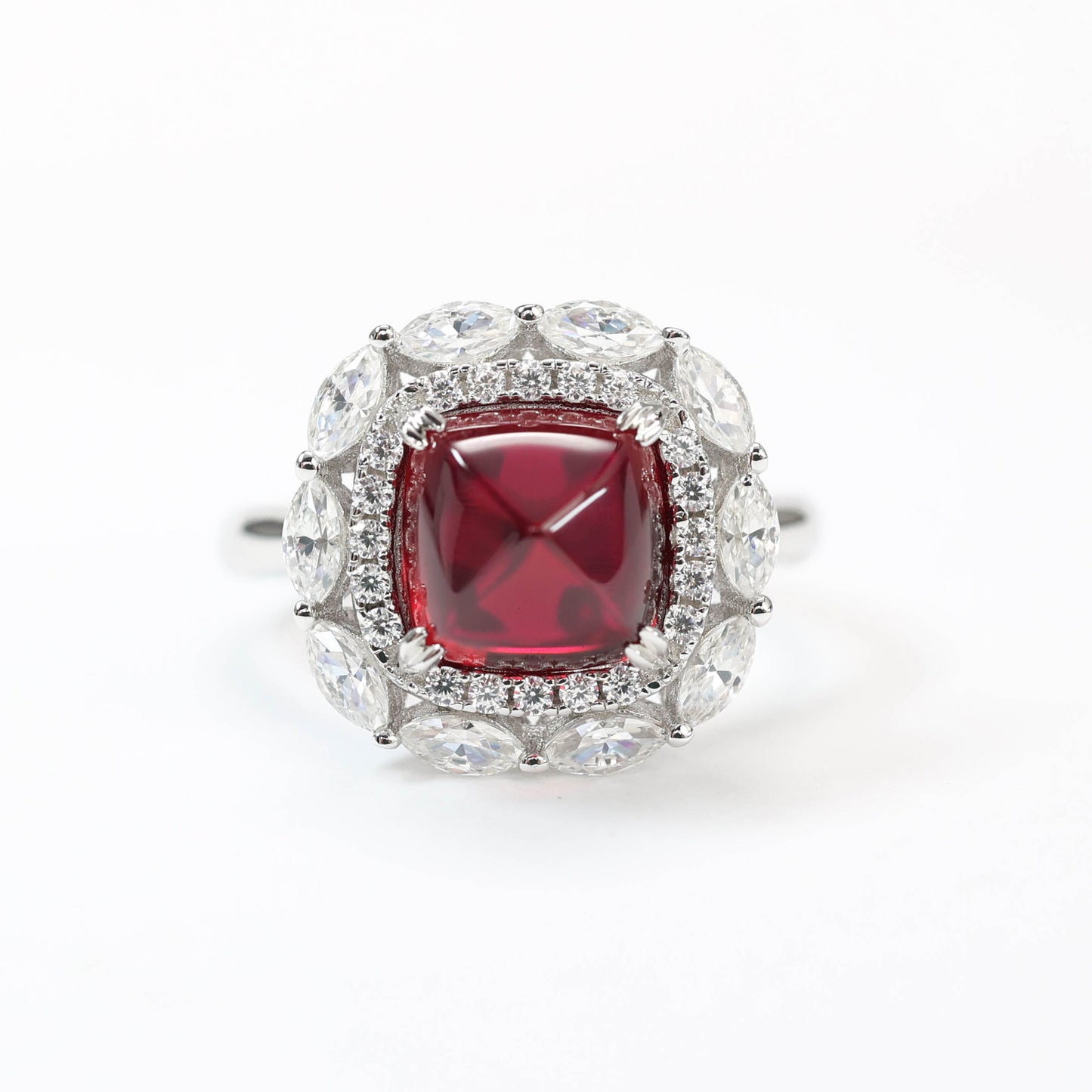 Micro-setting Ruby color Lab created stones sugar tower horse eye ring, sterling silver