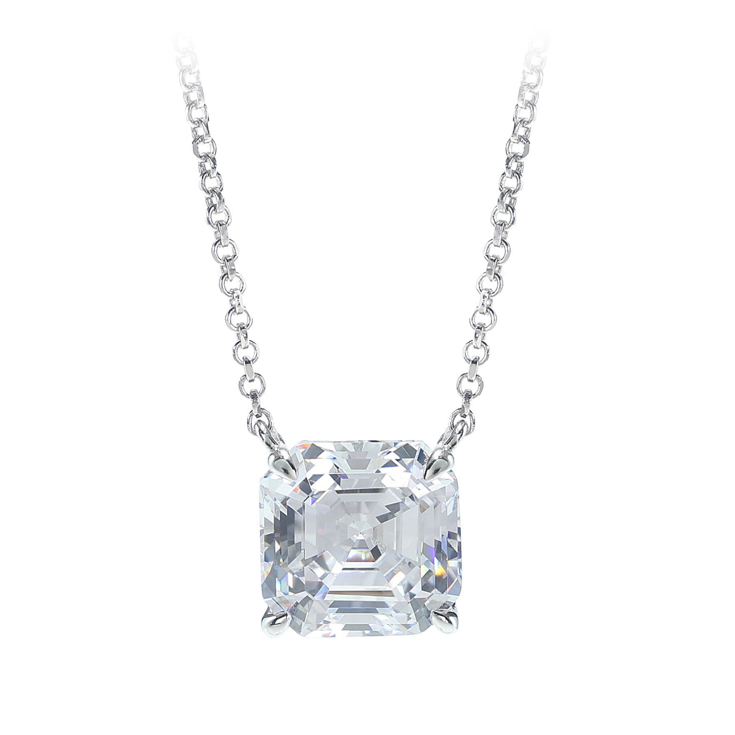 Promotional design Micro-setting Clear diamond color Asscher-cut Lab created stones necklace, sterling silver.