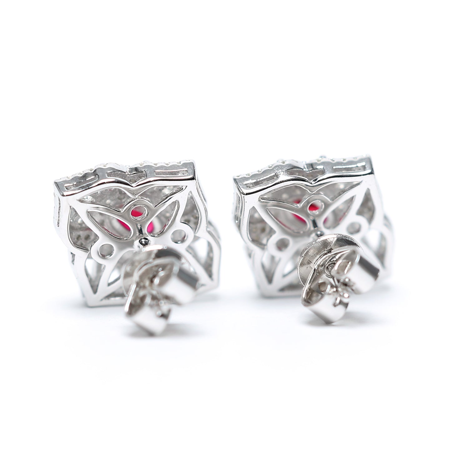 Micro-setting ruby color lab created stones fancy Four Leaf Clover ear studs, sterling silver