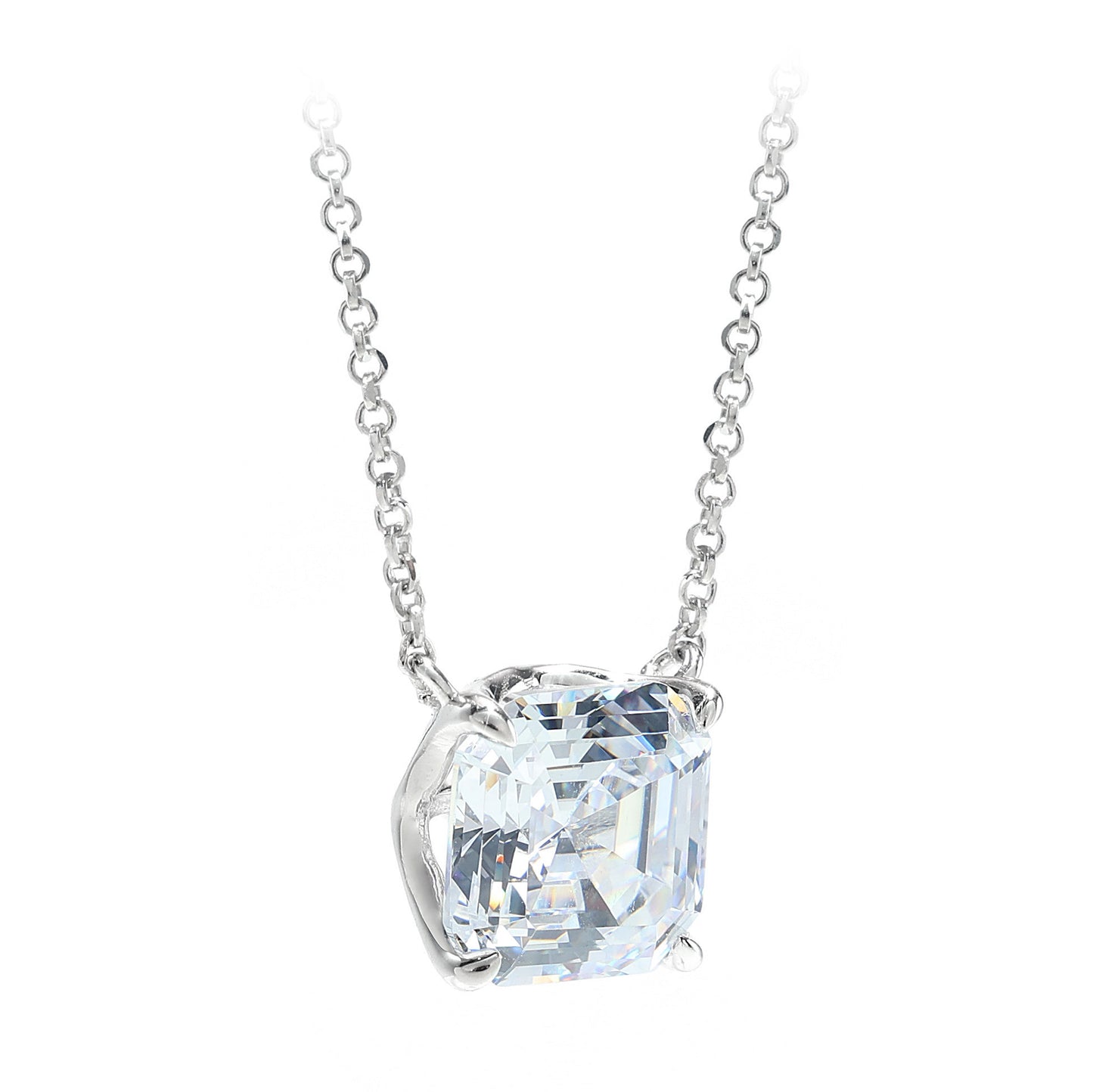 Promotional design Micro-setting Clear diamond color Asscher-cut Lab created stones necklace, sterling silver.