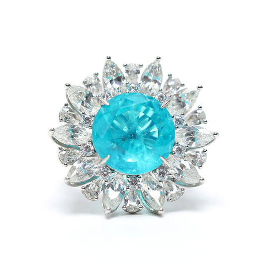 Micro-setting Paraiba color Lab created stones Sun-flower ring, sterling silver.(8.9 carat)
