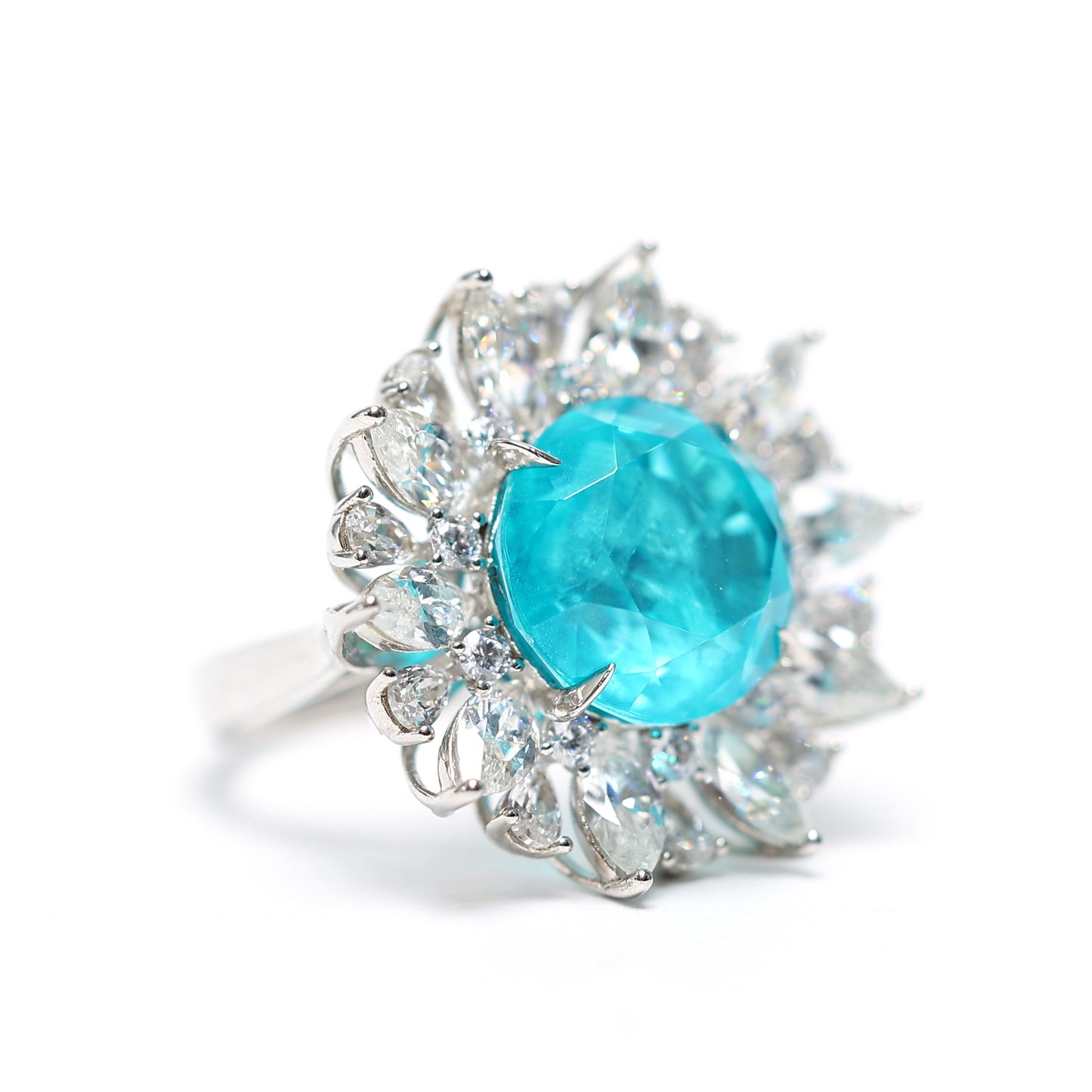 Micro-Fassung Paraiba Color Lab erstellte Steine ​​Sonnenblumenring, Sterlingsilber. (8,9 Karat)