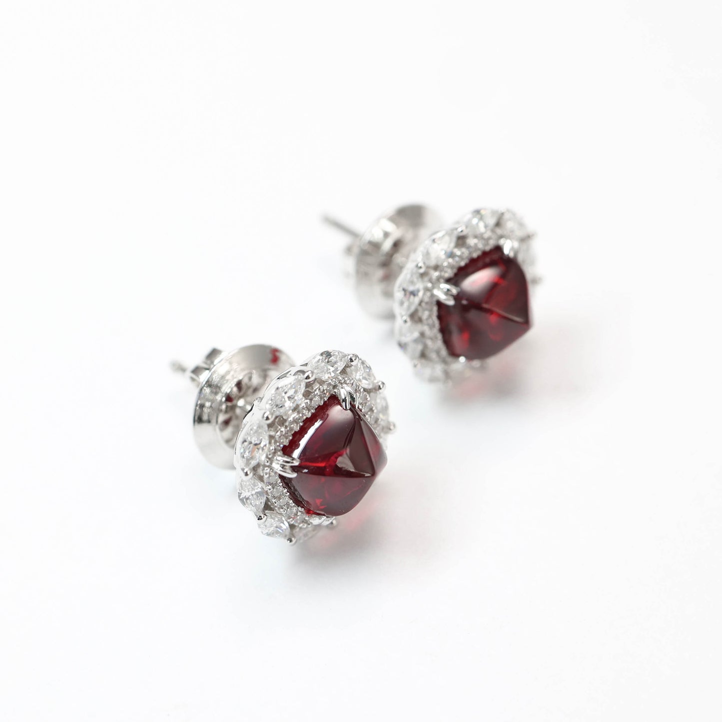 Micro-setting Ruby color horse eye shape sugar tower earrings, sterling silver