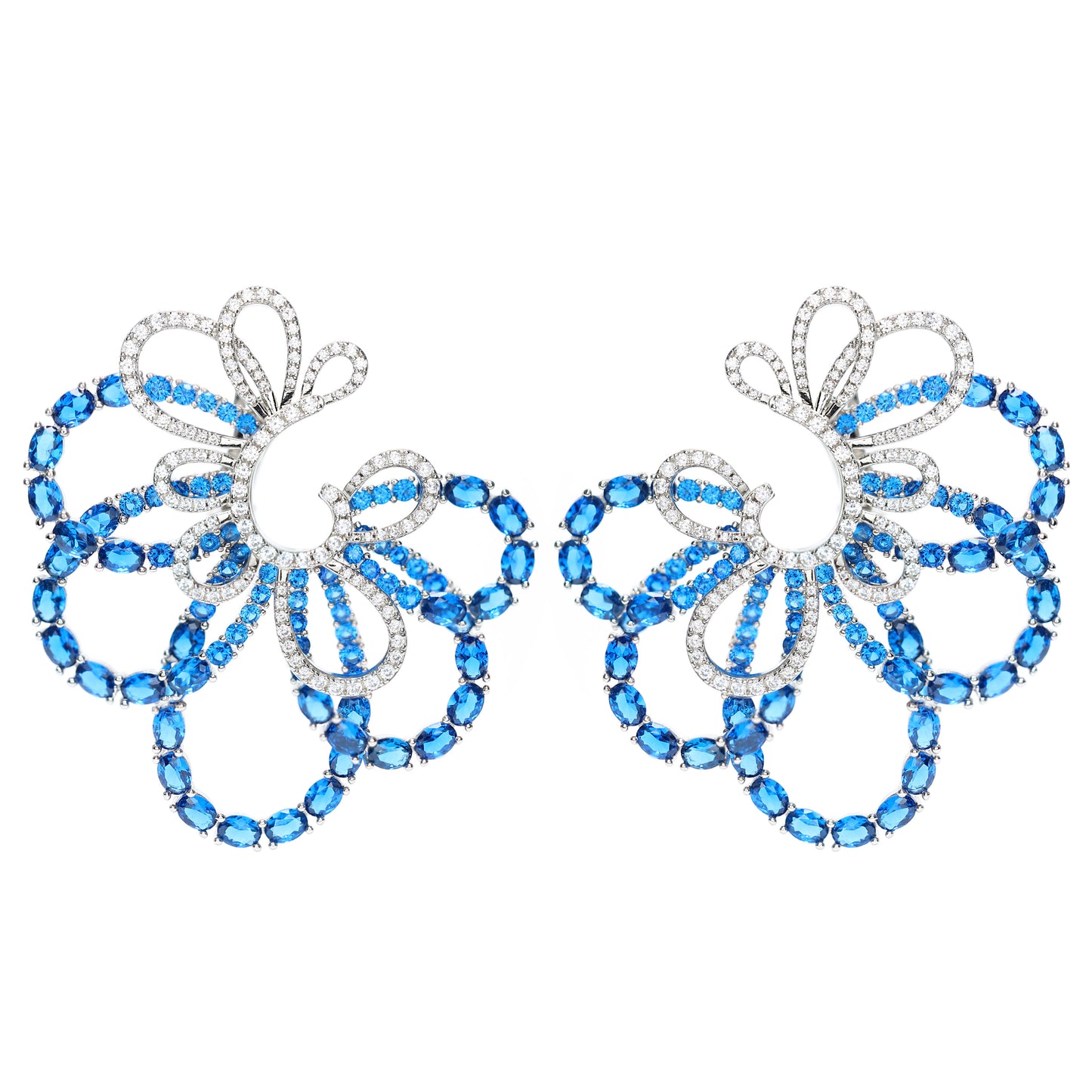 Micro-setting Sapphire color fully studded Lab created stones peacock earrings, sterling silver.