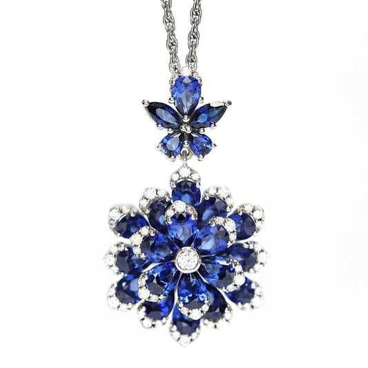 Micro-setting Sapphire color Lab created stones preserved fresh flower necklace, sterling silver