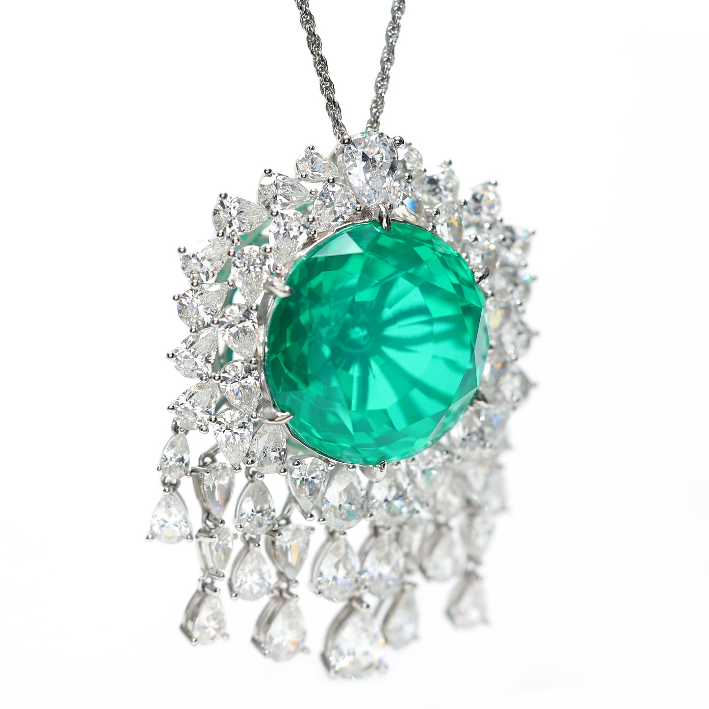 Micro-setting emerald color fancy necklace, sterling silver