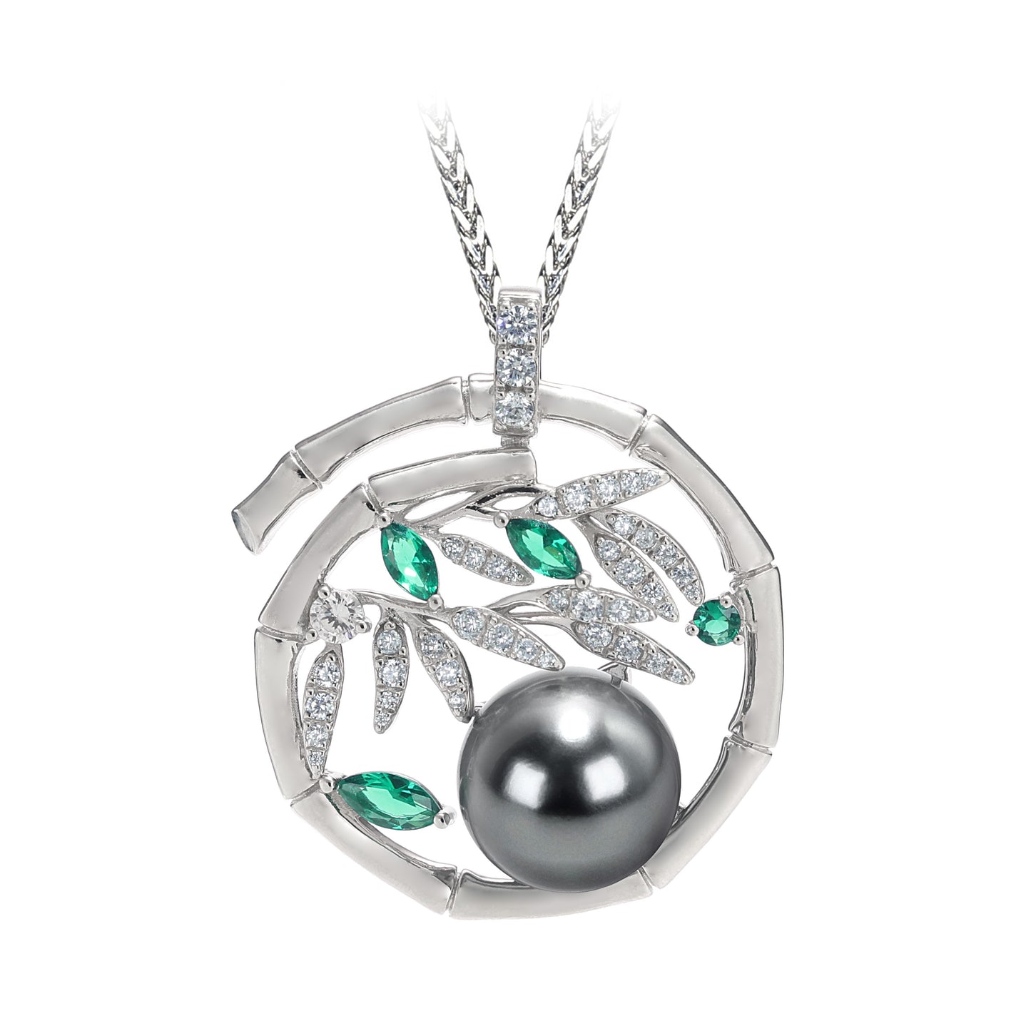 Micro-setting Lab created stones and grey shell pearl the Bamboo pendant, sterling silver