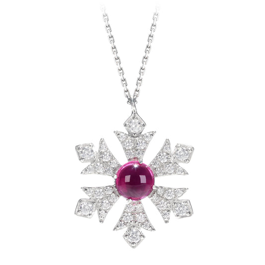 Promotional design for Christmas: Micro-setting Ruby color lab created stones Snowflake necklace, sterling silver