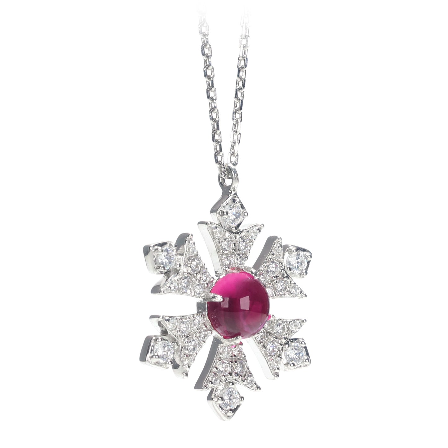 Promotional design for Christmas: Micro-setting Ruby color lab created stones Snowflake necklace, sterling silver