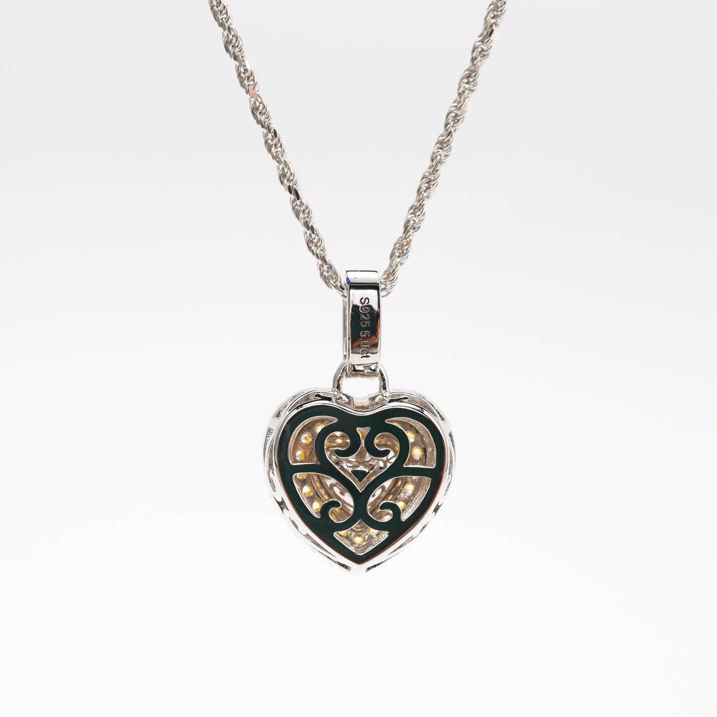 Micro-setting Yellow diamond color Lab created stones heart necklace. sterling silver