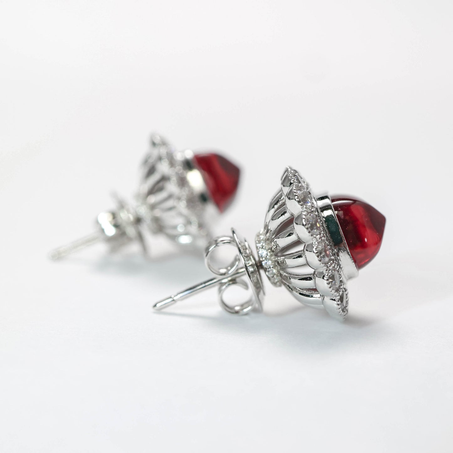 Micro-setting Ruby color Lab created stones sugar tower lace earrings, sterling silver