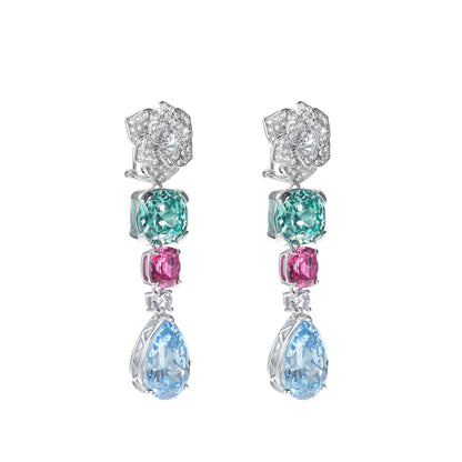 Micro-setting Colorful Lab created stones Monet garden camellia earrings, sterling silver