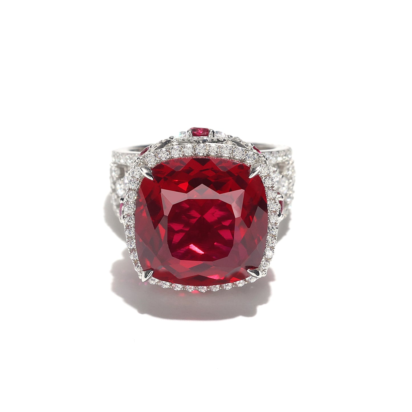 Micro-setting Ruby color Lab created stones the Palace ring, sterling silver