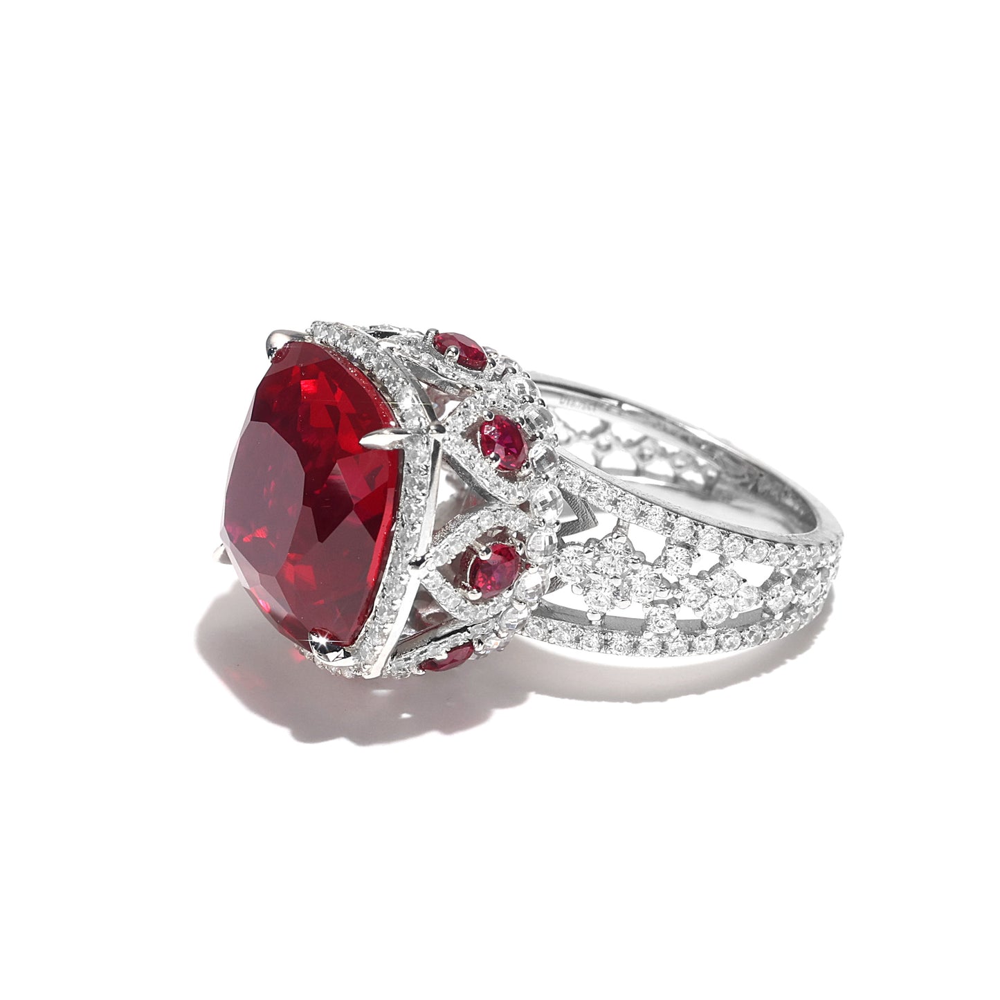 Micro-setting Ruby color Lab created stones the Palace ring, sterling silver