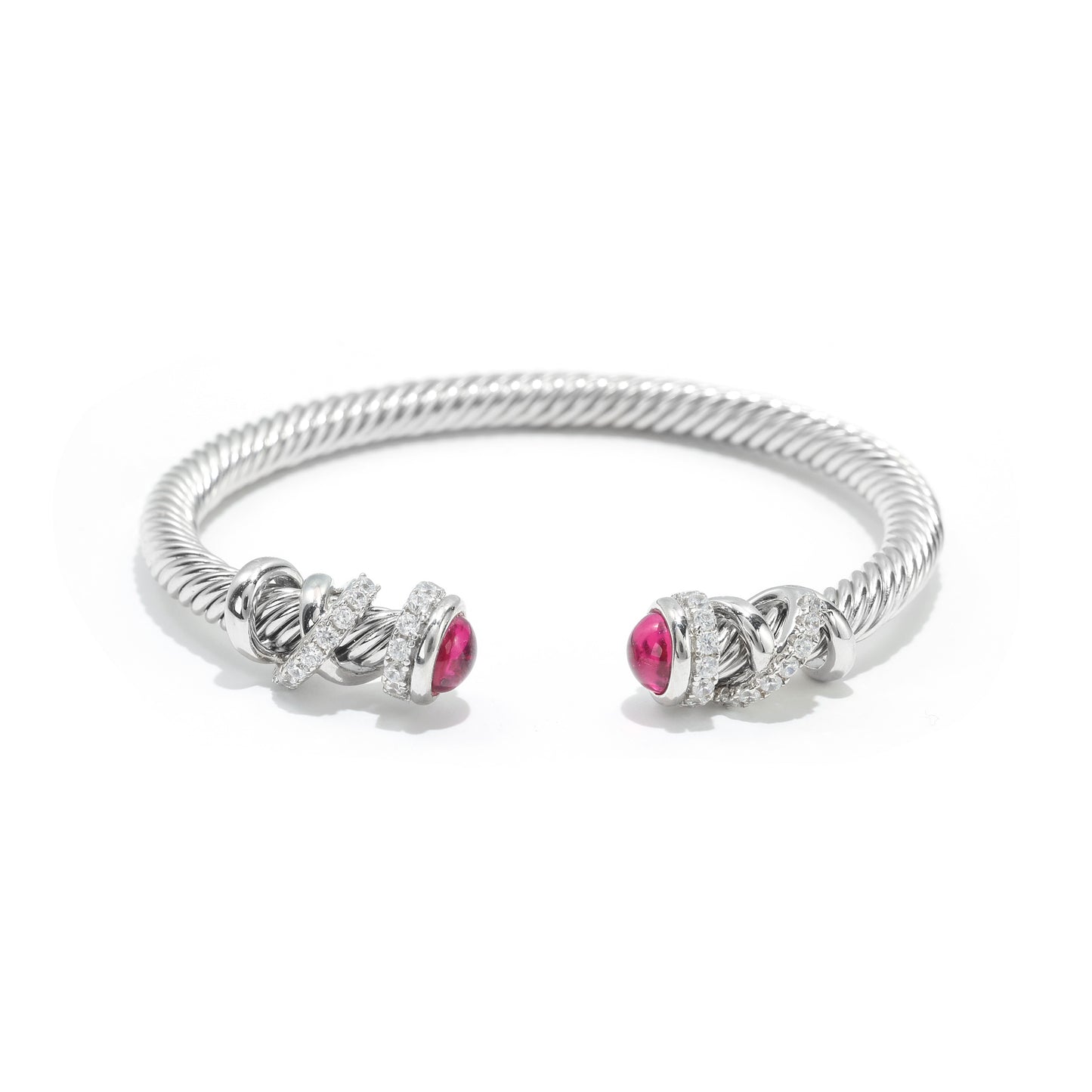 Micro-setting ruby color Lab created stones Modern bangle, sterling silver