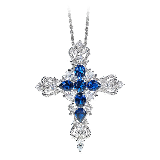 Micro-setting Sapphire color lab created stones Palace style Cross pendant, sterling silver