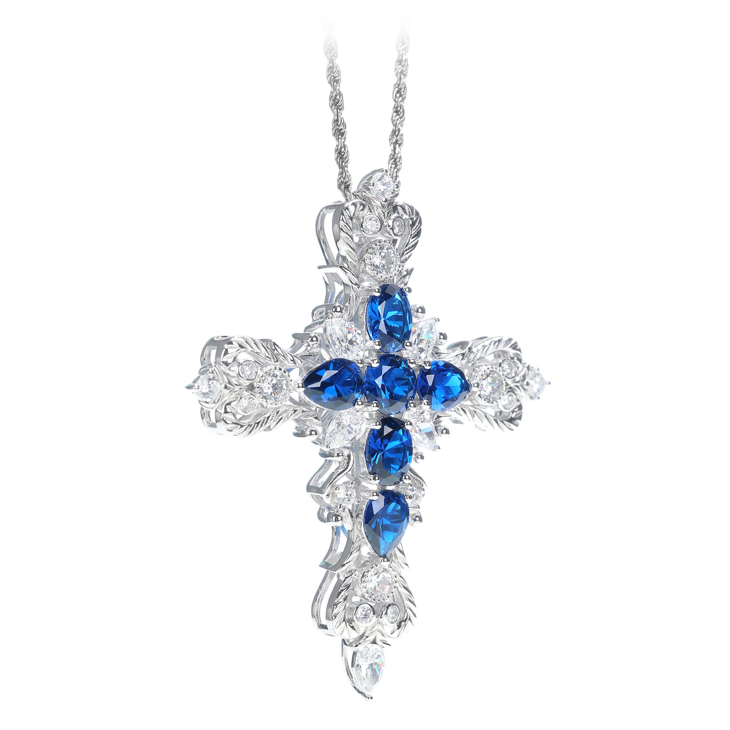 Micro-setting Sapphire color lab created stones Palace style Cross pendant, sterling silver