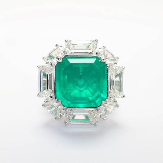 Micro-Fassung Emerald Color Lab erstellte Steine ​​groß Quadratischer Retro-Ring, Sterlingsilber